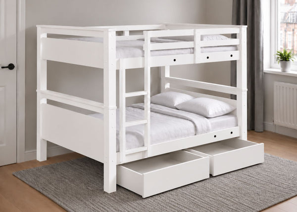Langham Wooden Quad Bunk in White Finish, with Wooden Storage Drawers (Universal Ladder)
