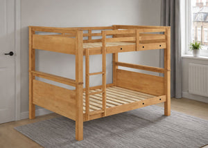 Strong Wooden Quadruple Bunk with Panel Headboards and Thick Slats, in Oak Finish (Universal Ladder)