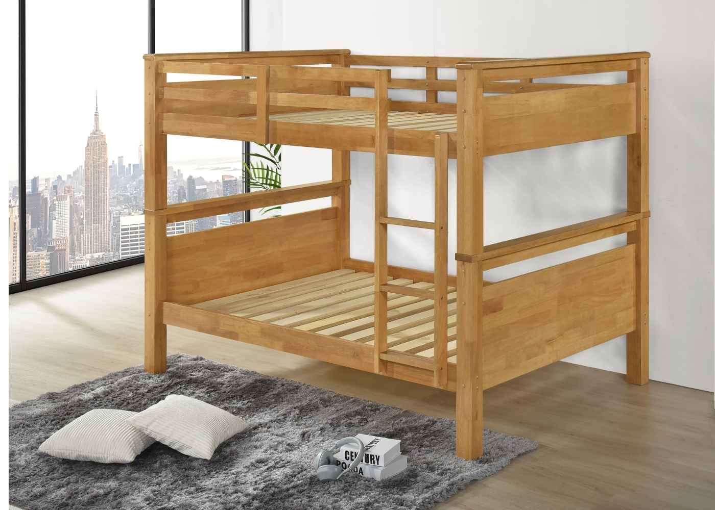 Strong Wooden Quadruple Bunk with Panel Headboards and Extra Thick 29mm Slats, in Oak Finish