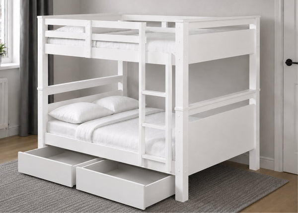Langham Wooden Quad Bunk in White Finish, with 2 Wooden Storage Drawers