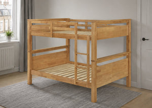 Strong Wooden Quadruple Bunk with Panel Headboards and Thick Slats, in Oak Finish