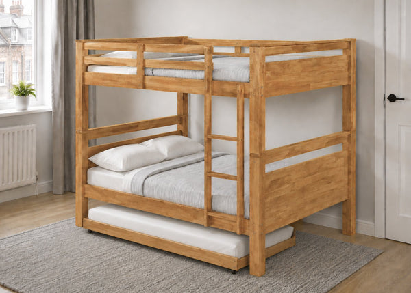 Langham Wooden Quad Bunk in Oak Finish, with Trundle and Mattress