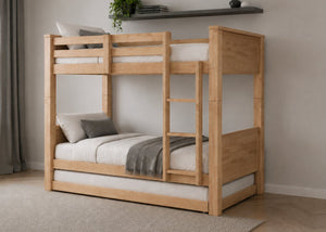 Langham HD Bunk Bed in Oak, with Trundle and Mattress
