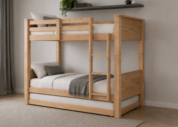 Langham HD Bunk Bed in Oak, with Trundle and Mattress