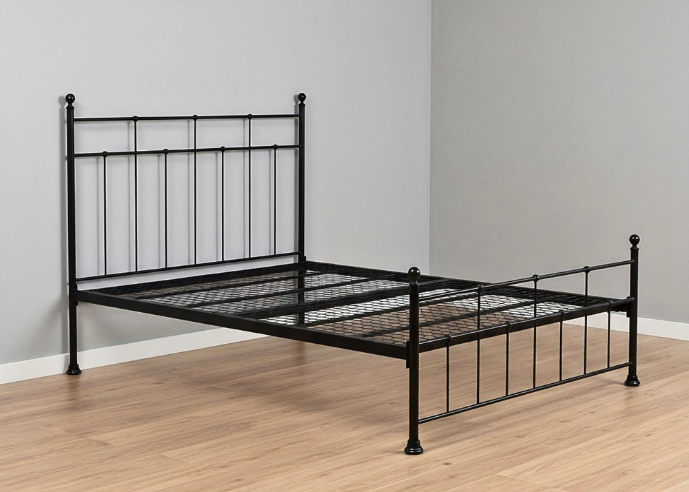 Letton black metal bed frame with reinforced mesh base, thick steel, and decorative finials.