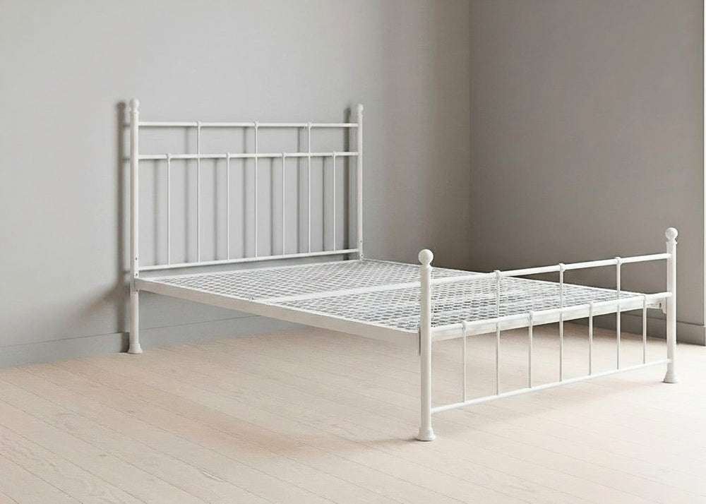 Letton black metal bed frame with reinforced mesh base, thick steel, and decorative finials.