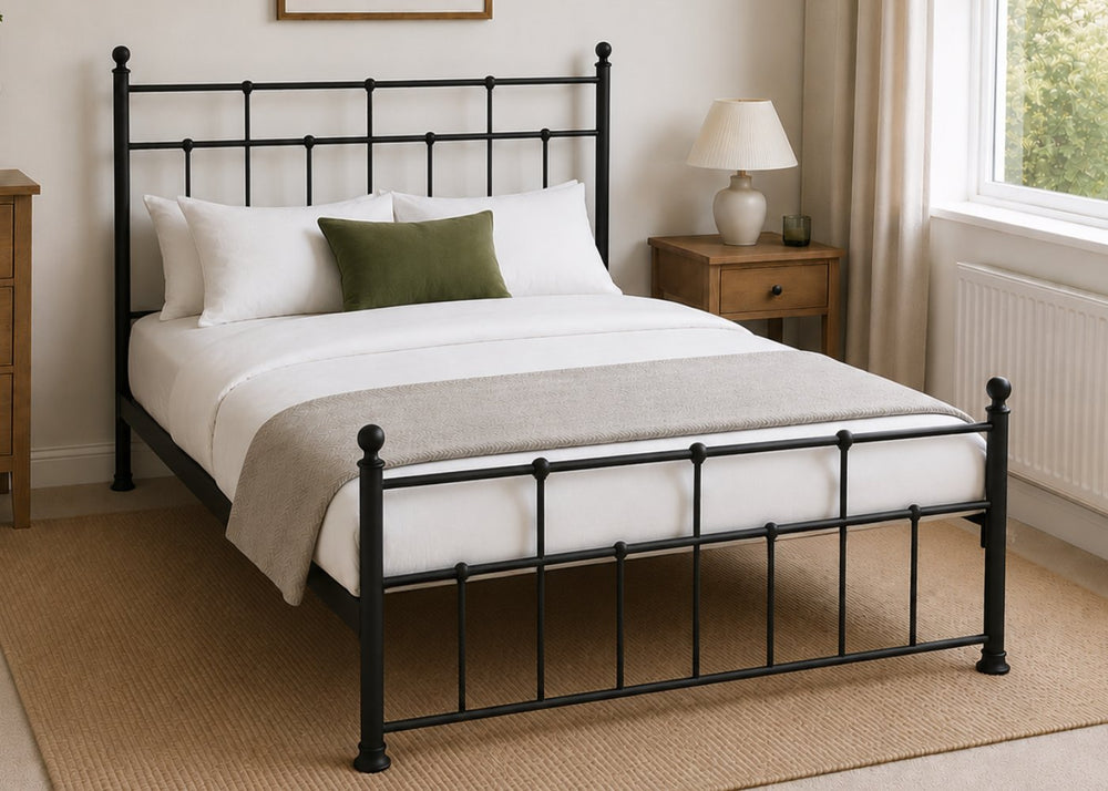 Letton black metal bed frame with reinforced mesh base, thick steel, and decorative finials.