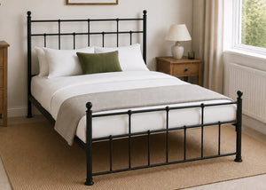Letton Double Metal Bed in Black with Finial Tops