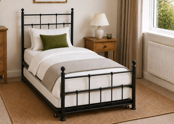 Letton Black Metal Bed in Single Size with Finial Tops