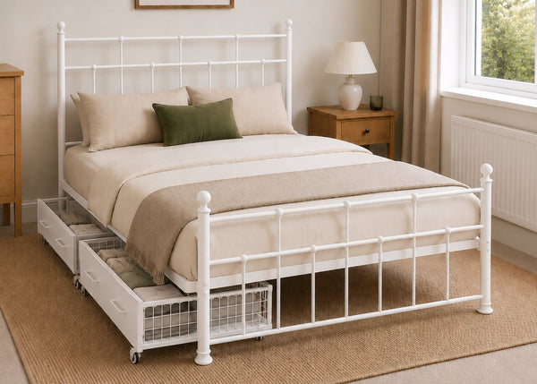 Letton White Metal Bed in Double Size with Underbed Drawers 