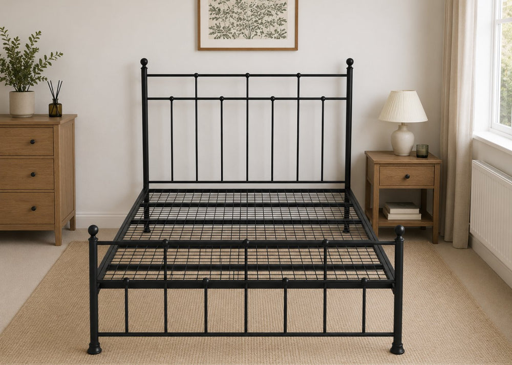 Letton black metal bed frame with reinforced mesh base, thick steel, and decorative finials.