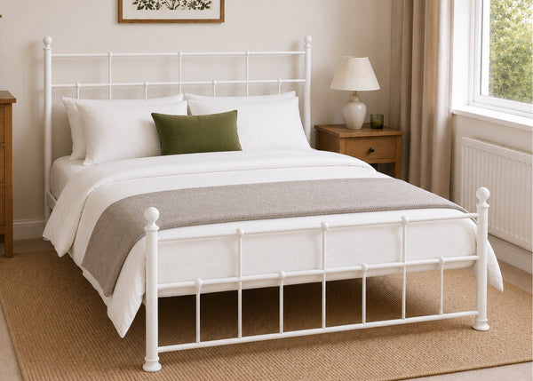 Letton White Metal Bed in Double Size with Finial Tops