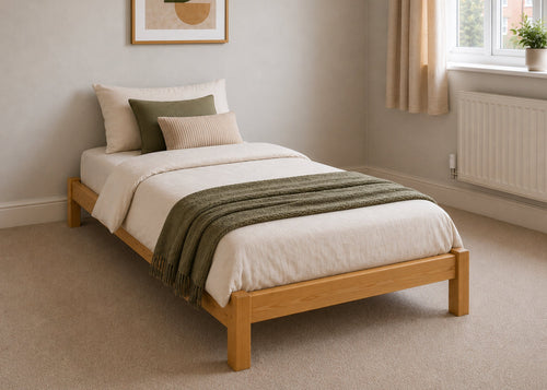 Lille pine wooden bed frame with solid slats in a minimalist design, in antique stain single size.