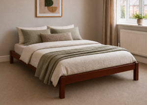 Lille pine wooden bed frame with solid slats in a minimalist design, in mahogany stain.