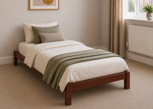 Lille pine wooden bed frame with solid slats in a minimalist design, in mahogany stain single size.