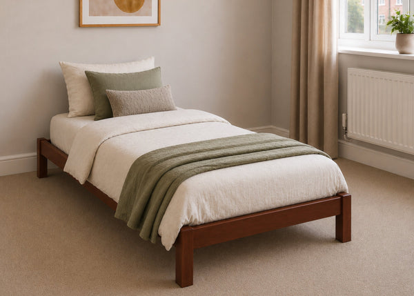 Lille pine wooden bed frame with solid slats in a minimalist design, in mahogany stain single size.