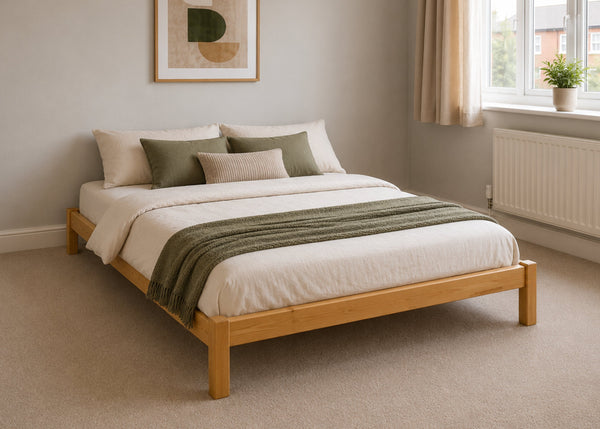 Lille pine wooden bed frame with solid slats in a minimalist design, in antique stain.