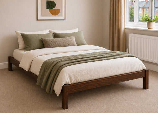 Lille pine wooden bed frame with solid slats in a minimalist design, in chocolate stain.