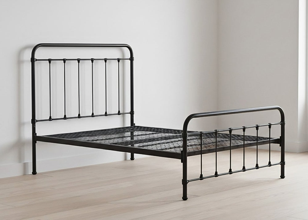 Black Melton metal bed frame with reinforced mesh base and thick steel.