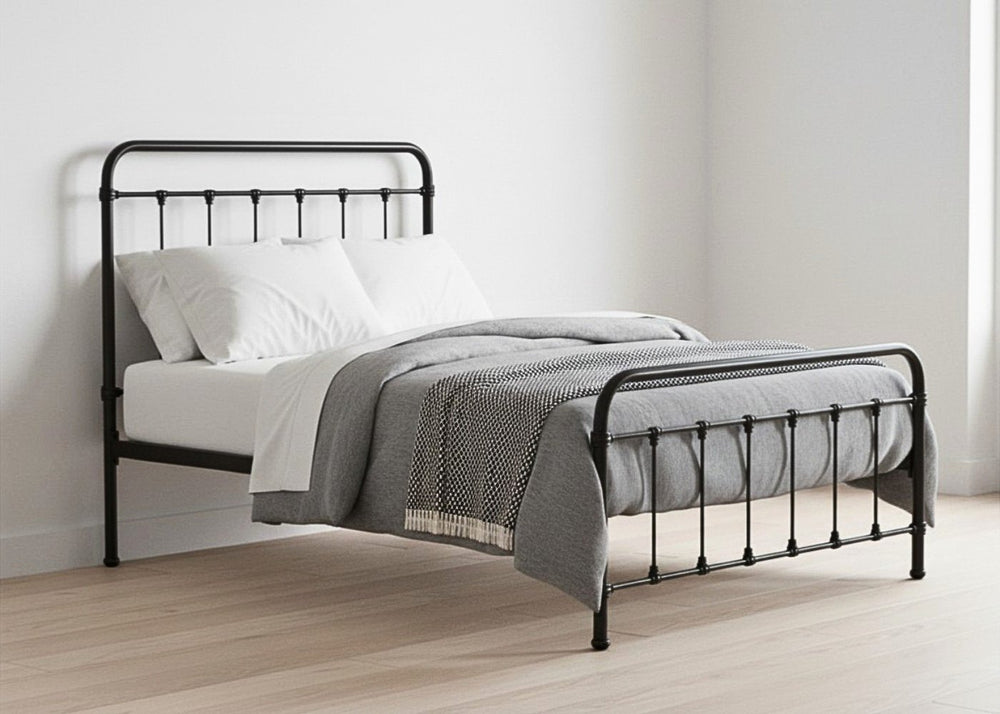 Black Melton metal bed frame with reinforced mesh base and thick steel.
