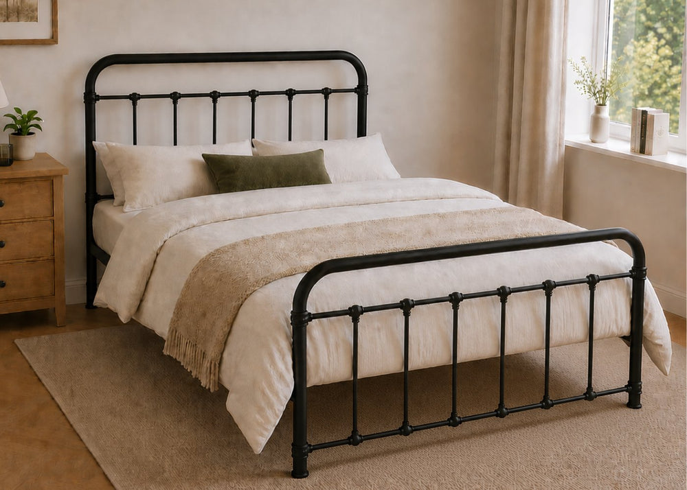 Black Melton metal bed frame with reinforced mesh base, thick steel, and rounded headboard.