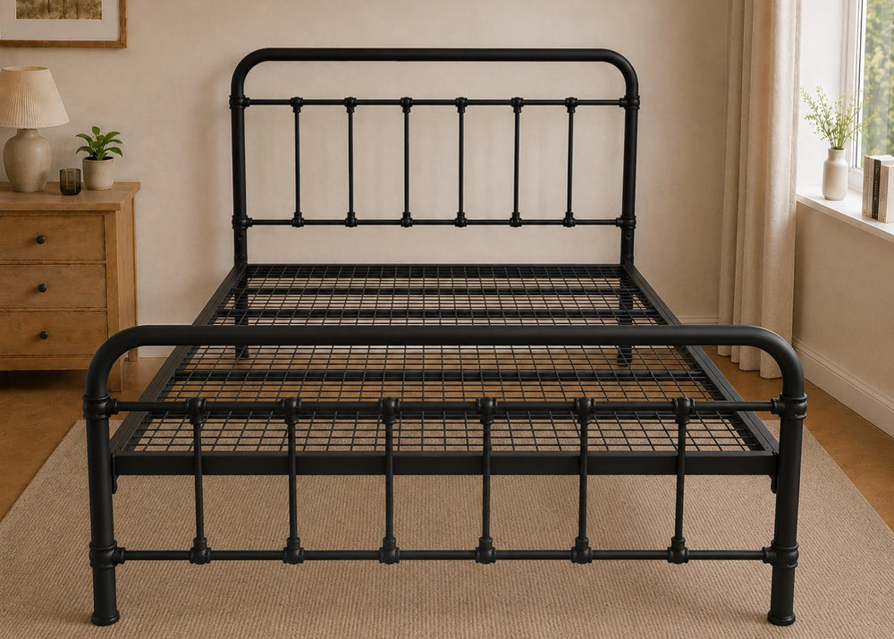 Black Melton metal bed frame with reinforced mesh base, thick steel, and rounded headboard.