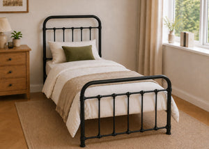 Melton Single Metal Bed Finished in Black with Rounded Head and Footboard