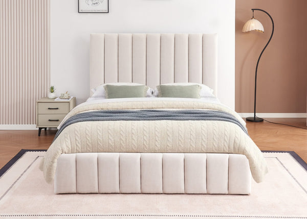 Heavy Duty Cream Ottoman Bed with Vertical Line Headboard and Footboard