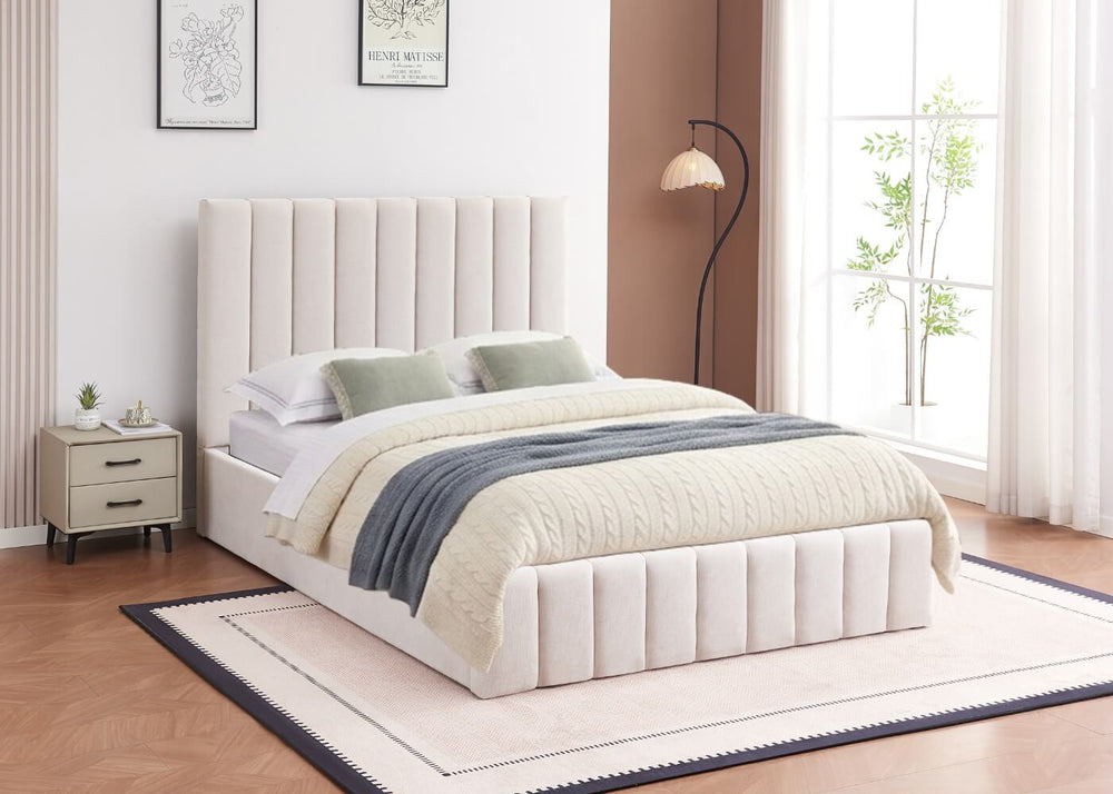 Heavy Duty Grey Ottoman Bed in Chenille Fabric with Bedding