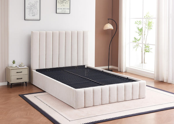 Heavy Duty Cream Ottoman Bed in Double Size in Chenille Fabric