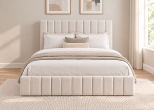 Heavy Duty Cream Ottoman Bed with Vertical Line Headboard and Footboard