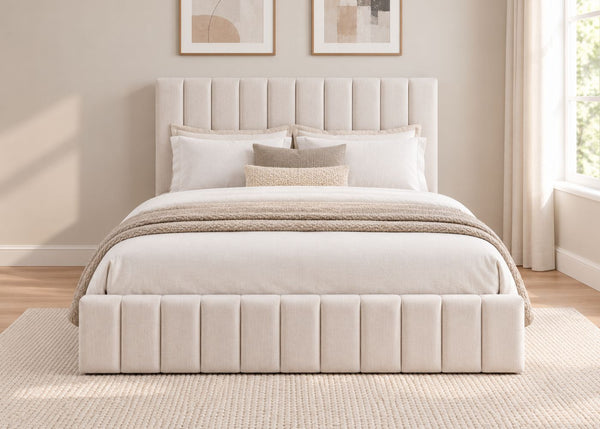 Heavy Duty Cream Ottoman Bed with Vertical Line Headboard and Footboard