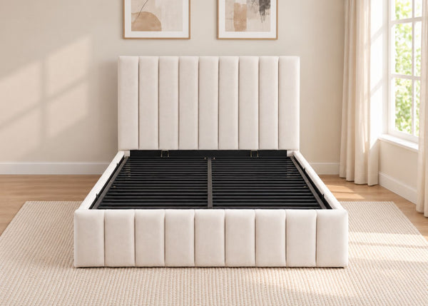 Heavy Duty Cream Ottoman Bed in Double Size | Reinforced Metal Slats