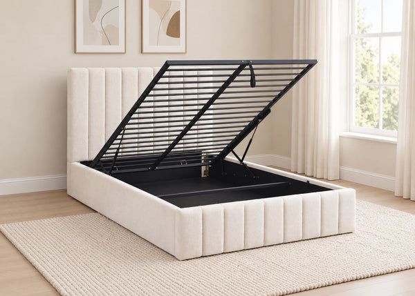 Double Heavy Duty Cream Ottoman Bed with Reinforced Tubular Slats