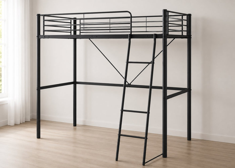Black metal high sleeper bed with an angled ladder, desk, and chair underneath.