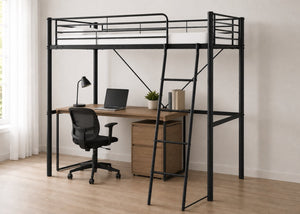 Black metal high sleeper bed with an angled ladder, desk, and chair underneath.