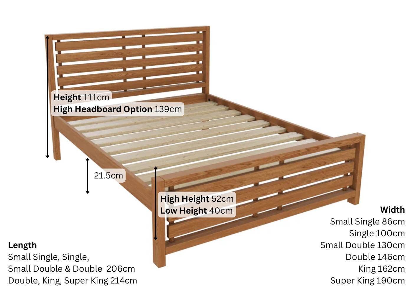 Novara Solid Oak Bed Dimensions