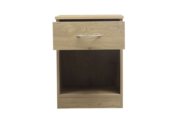 One Drawer Bedside in Oak, with Drawer Open (Front View)