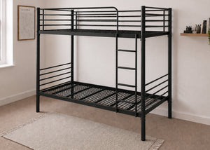 Black Pentney metal bunk bed with reinforced mesh bases.