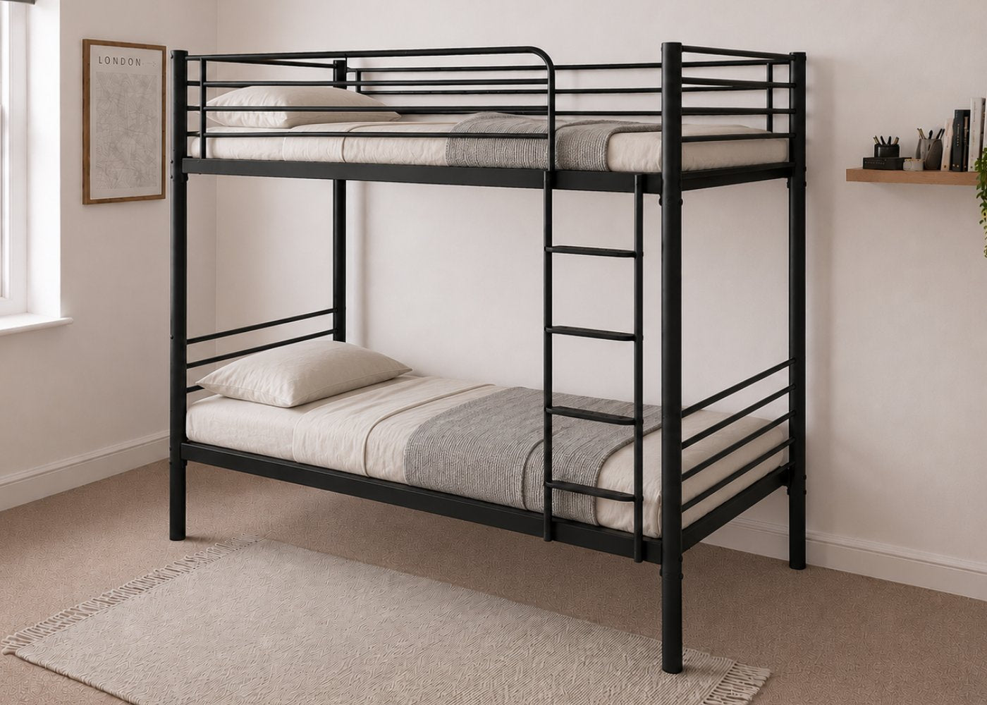 Black Pentney metal bunk bed with reinforced mesh bases.