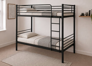 Black Pentney metal bunk bed with reinforced mesh bases.