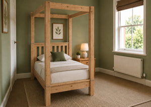 Regent natural wood four poster bed frame with thick square posts and slatted base in oak finish and single size.