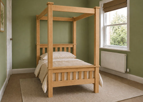 Regent natural wood four poster bed frame with thick square posts and slatted base in antique finish and single size.