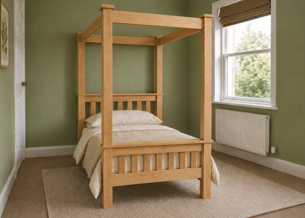 Regent natural wood four poster bed frame with thick square posts and slatted base in antique finish and single size.