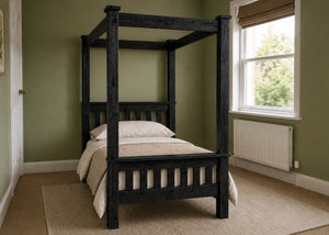 Regent natural wood four poster bed frame with thick square posts and slatted base in black finish and single size.