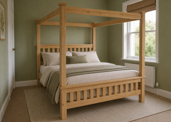 Regent natural wood four poster bed frame with thick square posts and strong slatted base in oak finish.