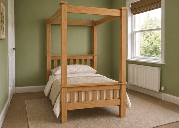 Regent natural wood four poster bed frame with thick square posts and slatted base in oak finish and single size.
