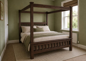 Regent natural wood four poster bed frame with thick square posts and strong slatted base in walnut finish.