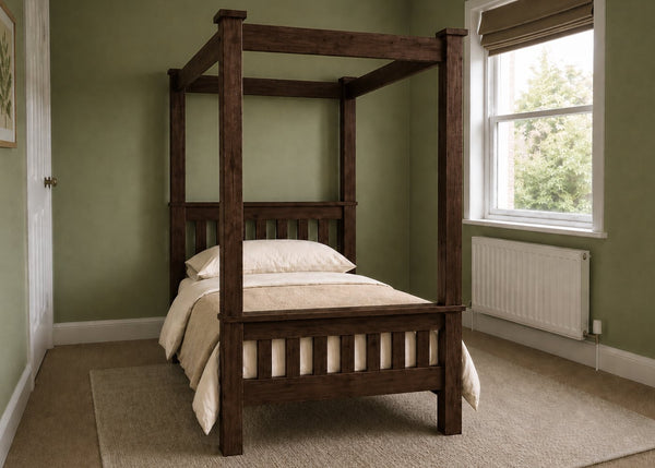 Regent natural wood four poster bed frame with thick square posts and slatted base in walnut finish and single size.