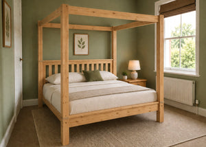 Regent natural wood four poster bed frame with thick square posts and slatted base in antique finish.